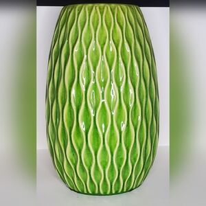 Vintage Green Ceramic Ribboned Pattern Vase - 14" X 9"
